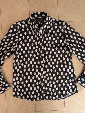 Foxcroft Black/Pale Gray Polka Dot Cotton Blouse Shirt-Size 4